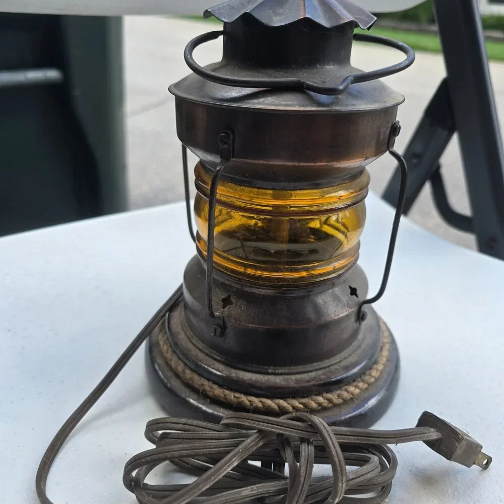 Vintage Handmade Nautical Anchor Oil Lantern Table Lamp Amber Glass WORKS Metal